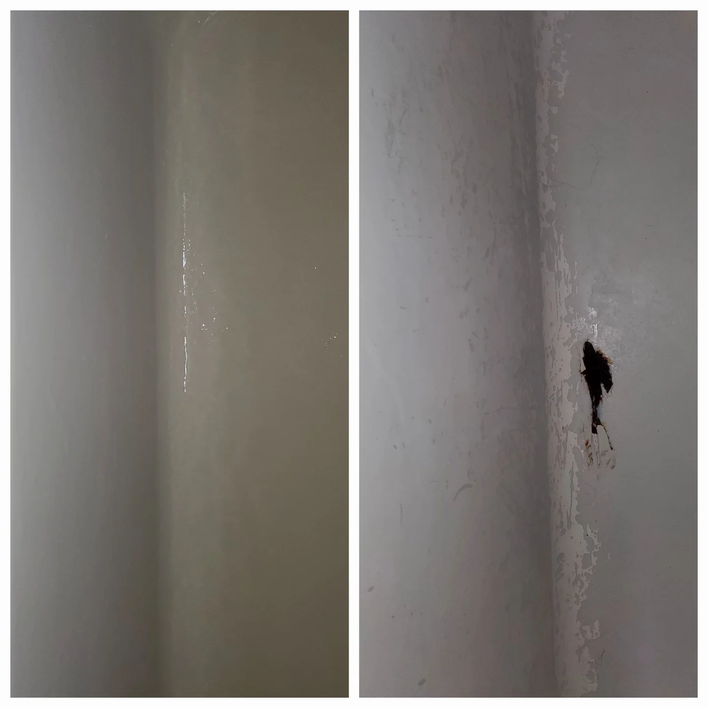 Surface repair detail: repaired finish on the left, original chip on the right
